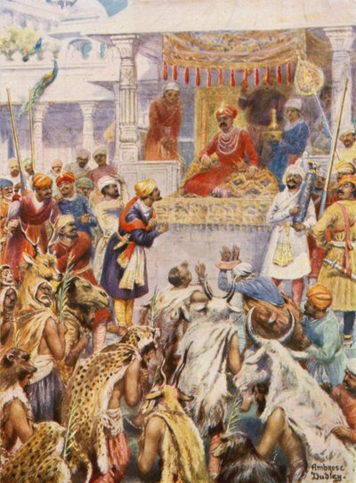 El Khan Jahan muestra a Akbar sus cautivos principescos (litografía en color) de Robert Ambrose Dudley