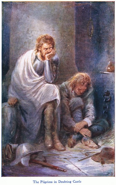 Los peregrinos en el castillo de las dudas, de El progreso del peregrino, publicado por John F. Shaw & Co., hacia 1900 (litografía en color) de Robert Ambrose Dudley