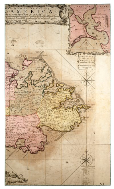 Mapa nuevo y exacto de la isla de Antigua en América, según un reconocimiento hecho en los años 1746-1748, c.1749 (grabado coloreado) de Robert Baker