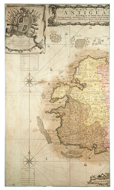 Mapa nuevo y exacto de la isla de Antigua en América, según un reconocimiento hecho en los años 1746-1748, c.1749 (grabado coloreado) de Robert Baker