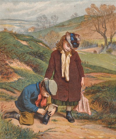 Un amigo en apuros, un niño atando los zapatos de una niña (litografía en color) de Robert Barnes