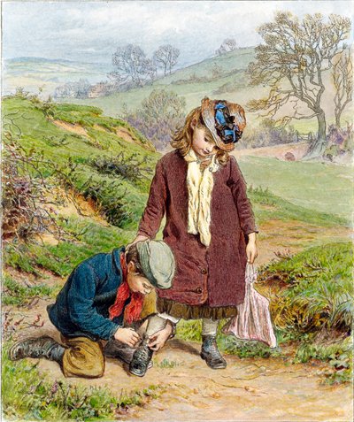 Hermano atando el zapato de su hermana, pub. 1854 de Robert Barnes