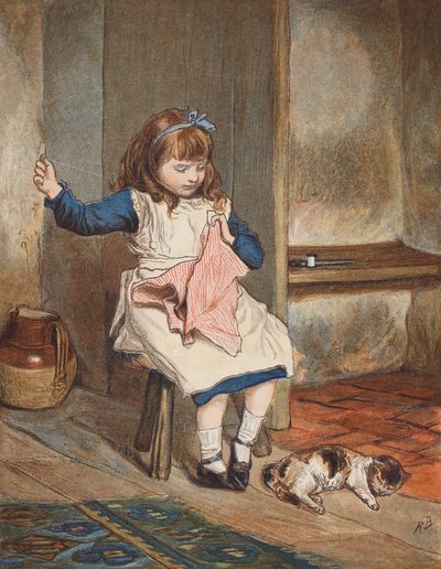 Niña cosiendo con gato a sus pies (litografía en color) de Robert Barnes