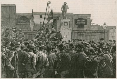 La gran huelga de los trabajadores portuarios en el East End: el Sr. John Burns dirigiéndose a los hombres en huelga en las puertas de los muelles de East y West India de Robert Barnes