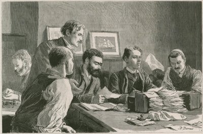 La gran huelga de los trabajadores portuarios en el East End: el comité de finanzas emitiendo boletos de ayuda en el Wade Arms, Jeremiah Street, Poplar, la sede de los huelguistas de Robert Barnes