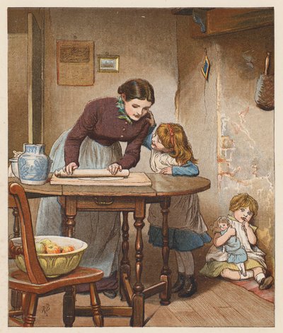 La mujer del granjero estaba haciendo una tarta de manzana (litografía en color) de Robert Barnes