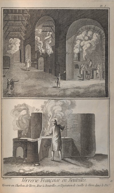 Fabricación de Vidrio. De la Encyclopédie de Denis Diderot y Jean Le Rond d