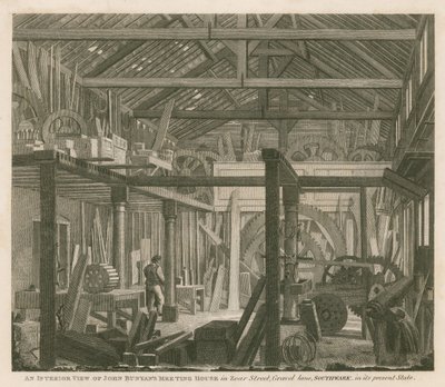 Vista interior de la casa de reuniones de John Bunyan en Zoar Street, Gravel Lane, Southwark, en su estado actual de Robert Blemell Schnebbelie