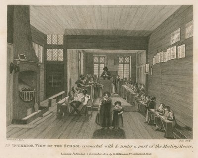 Vista interior de la escuela conectada y bajo una parte de lo que fue la casa de reuniones de John Bunyan de Robert Blemell Schnebbelie