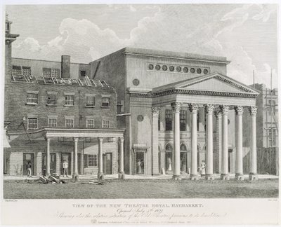 Vista del Nuevo Teatro Real, Haymarket, inaugurado el 4 de julio de 1821, mostrando también la situación relativa del antiguo teatro antes de su demolición, grabado por Dale, 1822 de Robert Blemell Schnebbelie