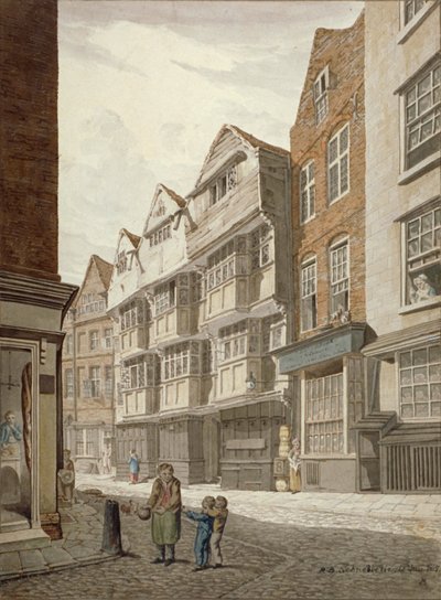 Vista suroeste de una antigua casa con estructura de madera en Ship Yard, Westminster, Londres, 1815 de Robert Blemmell Schnebbelie