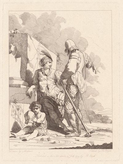 Dos soldados y un niño sosteniendo un casco de Robert Blyth, after John Hamilton Mortimer