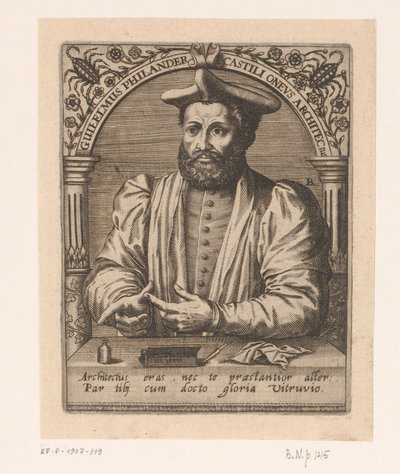 Retrato de Guillaume Philandrier Guilelmus Philander Castili oneus architectus (título sobre el objeto) Serie de retratos de eruditos de los siglos XV y XVI (título de la serie) de Robert Boissard