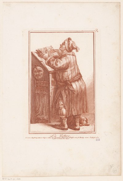 Hombre leyendo detrás de un atril La conferencia (título del objeto) Estudios de figuras (título de la serie) Ejercicios de imaginación de differens Caractères et formes humaines ((...)) Suite 1 (título de la serie) de Robert Brichet