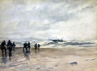 Pescadores tirando de un barco de pesca en apuros de Robert Buchan Nisbet