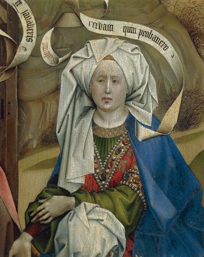 Detalle de una mujer de la Natividad, obra del Maestro de Flemalle Robert Campin (1375/1379-1444), óleo sobre tabla, hacia 1420. de Robert Campin