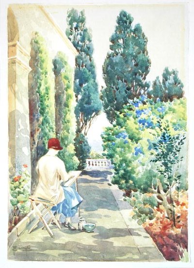 Cicely Nops pintando en un jardín de Robert Caruana Dingli