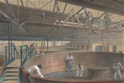 Enrollando el cable en los grandes tanques en las obras de la construcción del telégrafo de Robert Charles Dudley