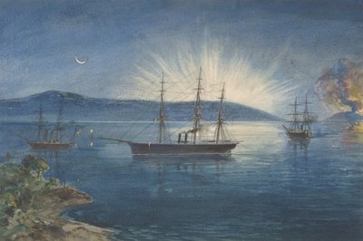 La bahía de Bull Arms, bahía de la Trinidad, Terranova, hogueras encendidas en las colinas para notificar... de Robert Charles Dudley