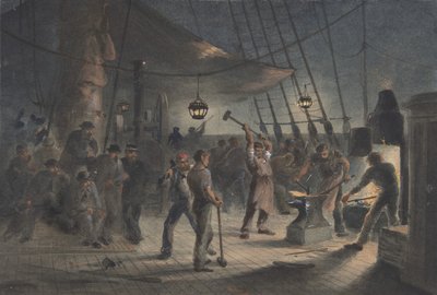 La fragua en cubierta, noche del 9 de agosto: preparando el revestimiento de hierro para el cabrestante de Robert Charles Dudley