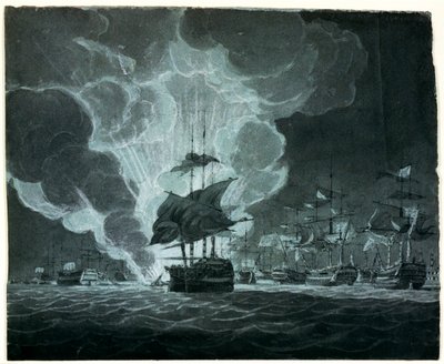 Flota con un barco en llamas de Robert Cleveley