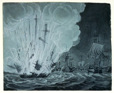 Barco, voladura, en la batalla del Nilo (dibujo a pluma, aguada gris) de Robert Cleveley