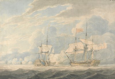El Vicealmirante holandés bajo el mando del Almirante De Winter arriando su bandera al Vicealmirante inglés Onslow bajo el mando del Almirante Duncan en la Batalla de Camperdown, 11 de octubre de 1797. de Robert Cleveley