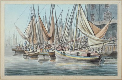 Vista del Muelle Billingsgate con Barcos en el Agua, Ciudad de Londres de Robert Clevely