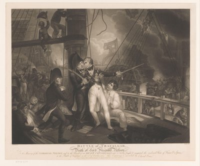 Batalla de Trafalgar con la muerte de Horatio Nelson Batalla de Trafalgar y muerte de Lord Viscount Nelson (título sobre el objeto) de Robert Cooper