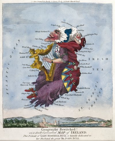 ¡Geografía hechizada! o, un divertido mapa caricaturesco de Irlanda. Este retrato de Lady Hibernia Bull está humildemente dedicado a su esposo, el gran Sr. John Bull. [hacia 1796] de Robert Dighton