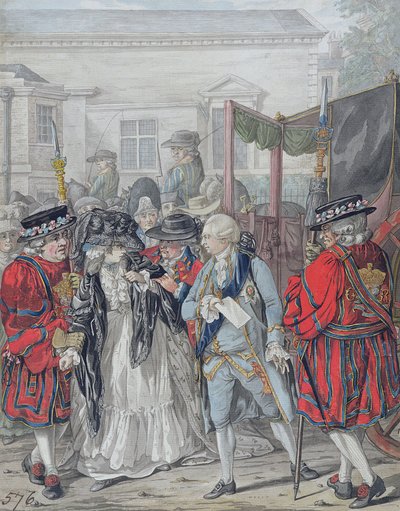 Margaret Nicholson Intentando asesinar a Su Majestad, Jorge III (1738-1820), en la entrada del jardín del palacio de St. James, 2 de agosto de 1786 (lápiz, pluma y tinta negra, acuarela y acuarela sobre papel) de Robert Dighton