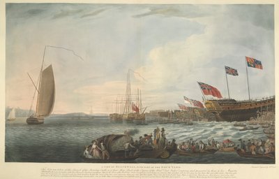 Una vista de Blackwall, con parte del Astillero, en el lanzamiento del Castillo de Bombay, 74 cañones, construido a expensas del Excmo. East India Company y presentado por ellos a Su Majestad en junio de 1782 de Robert Dodd