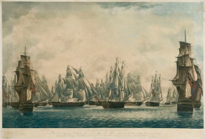 Repulsa de Linois por la Flota China... Barcos de la Flota navegando en persecución del enemigo en retirada. de Robert Dodd