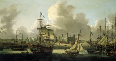 Navegando en Londres (Inglaterra), descripción de la Torre de Londres a la izquierda, varios barcos de todos los tamaños ilustran la gran actividad fluvial en el Támesis de Robert Dodd