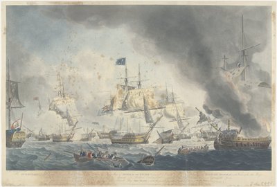 Batalla de Kamperduin (1797): derrota de la flota bátava La flota holandesa derrotada en la tarde del 11 de octubre de 1797, mostrando el buque insignia del almirante De Winter desarbolado (...) (título sobre el objeto) de Robert Dodd