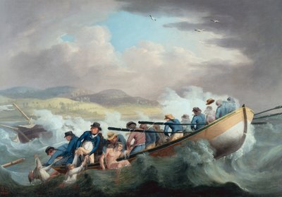 Supervivientes de un naufragio frente a la Isla de Wight siendo rescatados por la tripulación del H.M.S. Juno de Robert Dodd