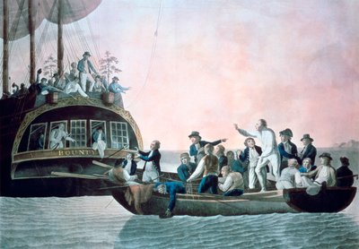 Los amotinados abandonan al teniente Bligh ...y a la tripulación a la deriva del barco de Su Majestad el Bounty, 1790 de Robert Dodd