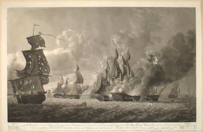 Esta vista del combate del día de San Jorge de 1794, entre un destacamento de las fragatas de Su Majestad, bajo el mando de Sir John Borlase Warren Bar, y cuatro fragatas francesas está muy respetuosamente inscrita al Comodoro y a los distintos capitanes b de Robert Dodd