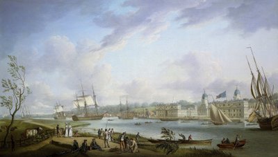 Vista de Greenwich, descripción del Támesis y de las actividades en sus orillas, así como de la navegación fluvial, sujeta a la importancia de las mareas. Óleo sobre lienzo de Robert Dodd