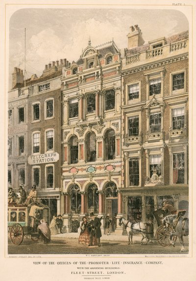 Vista de las oficinas de la Promoter Life Insurance Company con los edificios colindantes, Fleet Street, Londres (litografía en color) de Robert Dudley