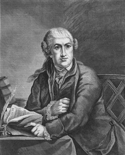 David Garrick actor británico (1717 - 1779) estudiando el papel de Macbeth de Shakespeare; grabado del siglo XIX, basado en la pintura de Robert-Edward Pine. Colección Bianchetti. de Robert Edge (after) Pine