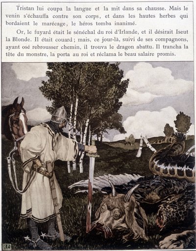 Tristán cerca del dragón muerto - en "El Romance de Tristán e Iseo" de Bédier, ilustrado por Robert Engels, ed. de Arte, París de Robert Engels