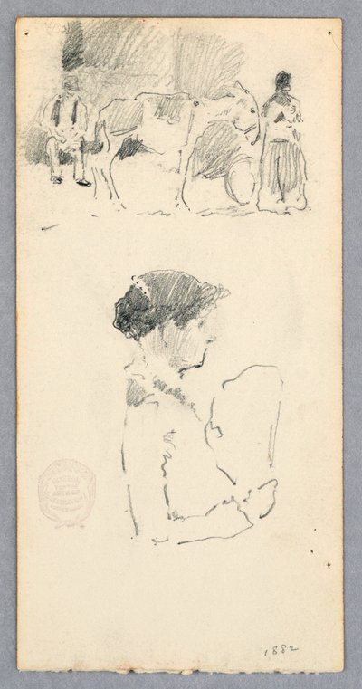 Dibujo, Escena con burro y dos figuras; mujer con abanico, 1882 de Robert Frederick Blum