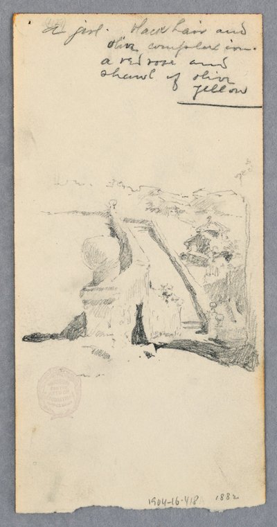 Dibujo, Vista desde un lugar elevado mirando hacia la ciudad (recto); Mujer sosteniendo una jarra (verso), 1882 de Robert Frederick Blum