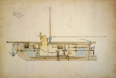Dibujo original del Nautilus, el primer barco submarino, presentado por su inventor Robert Fulton (1765-1815) al Senado Americano en 1806. de Robert Fulton