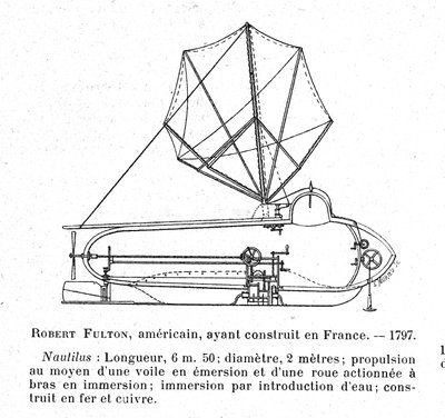 Esquema del Nautilus, primer submarino, inventado por el estadounidense Robert Fulton (1765-1815). Este es el dibujo que propuso a la Junta Ejecutiva. 1797 de Robert Fulton