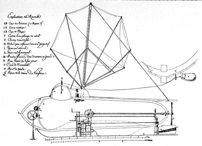 Esquema del Nautilus, primer submarino, inventado por el estadounidense Robert Fulton (1765-1815). Este es el dibujo que propuso a la Junta Ejecutiva. 1797 de Robert Fulton