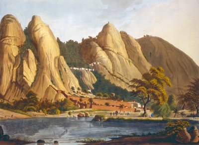 Vista sur de Sewandroog, ilustración de Doce Vistas de Mysore, el País del Sultán Tippoo grabado y coloreado por J.W. Edy, publicado en 1804 de Robert H. Colebrooke
