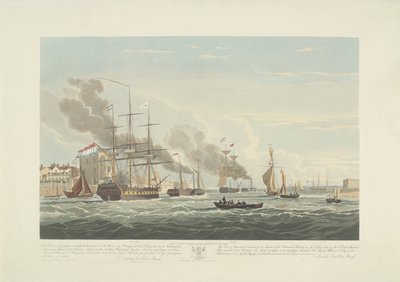 Salida de doce barcos mercantes holandeses del puerto de Portsmouth, 1833 (lámina 2) Este conjunto de tres placas que representan la salida del puerto de Portsmouth el 2.d de junio de 1833 de 12 Nederlandsche Koopvaardy Ships from Embargo descargados de Robert Havell (II)