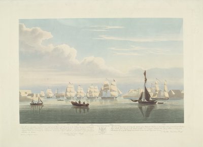 Salida de doce barcos mercantes holandeses del puerto de Portsmouth, 1833 (lámina 1) Este conjunto de tres placas que representan la salida del puerto de Portsmouth el 2.d de junio de 1833 de 12 Nederlandsche Koopvaardy Ships from Embargo descargados de Robert Havell (II)